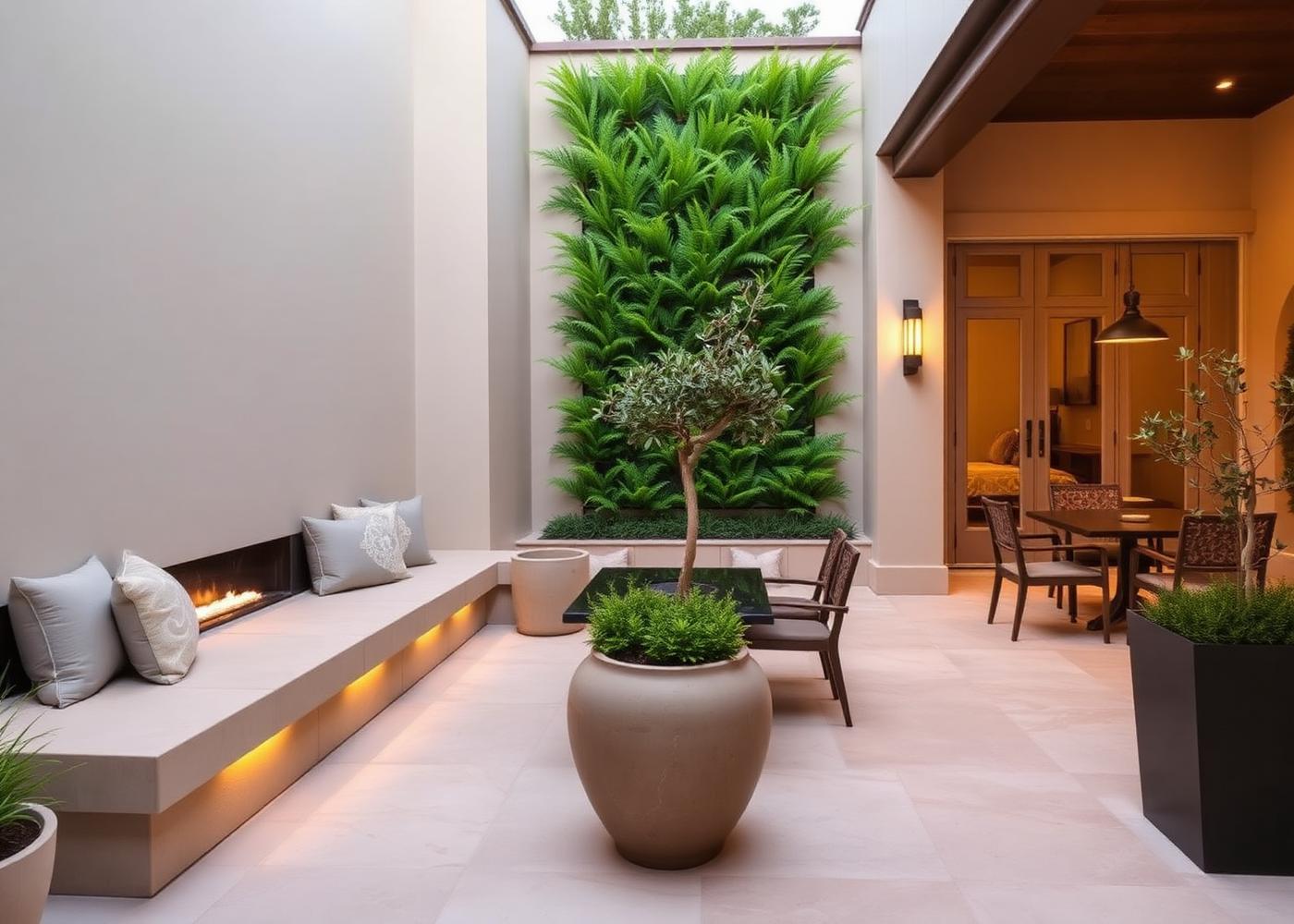Claremont courtyard after landscaping with travertine paving, bench seating and a green wall