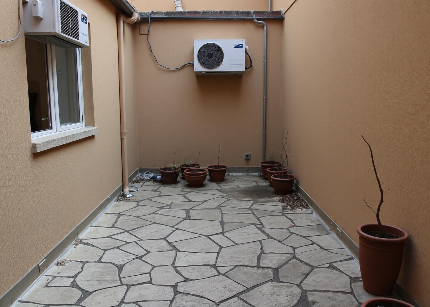 Neglected Claremont courtyard with cracked paving and bare walls before landscaping