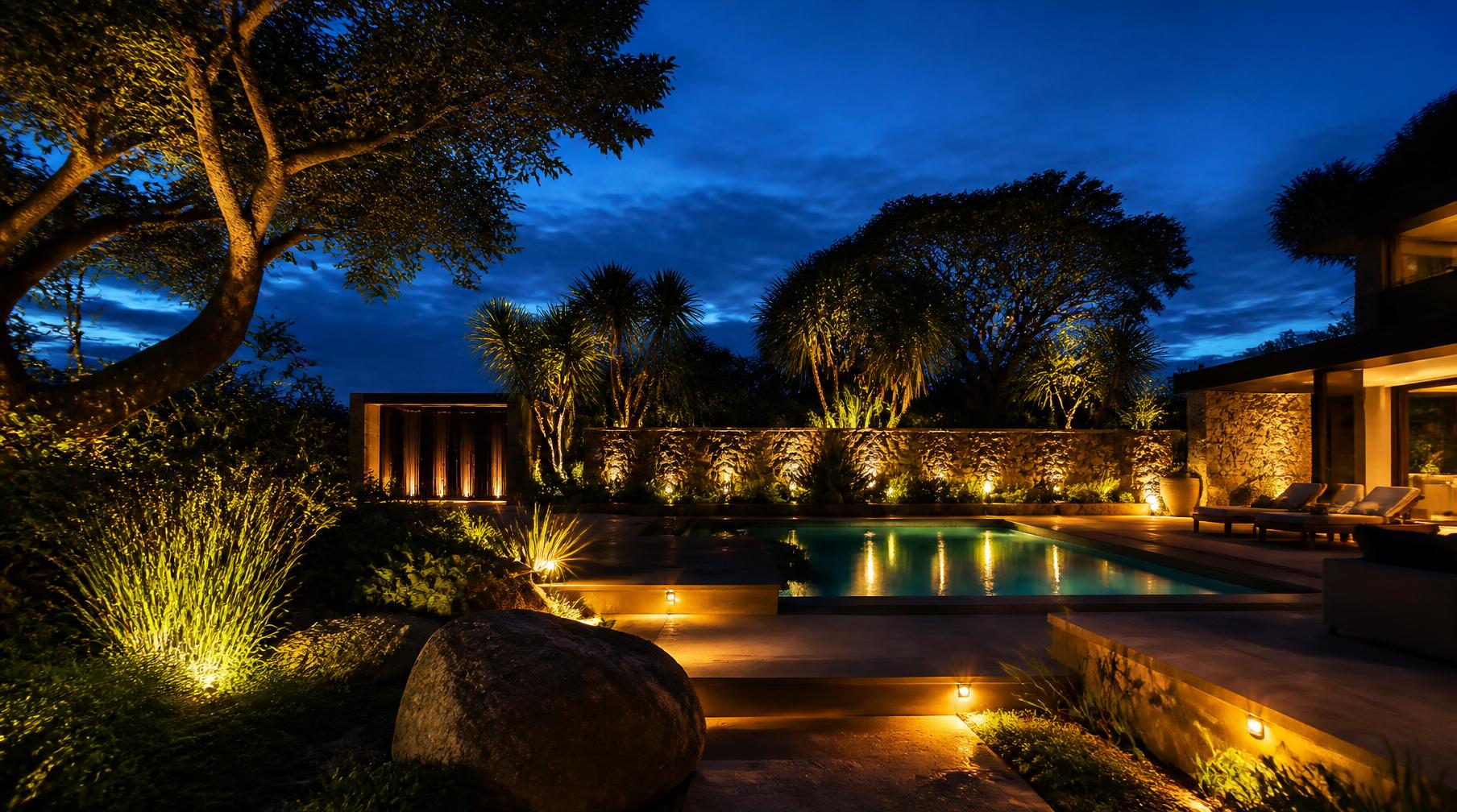 Perth garden at dusk with warm landscape lighting, pool and native planting
