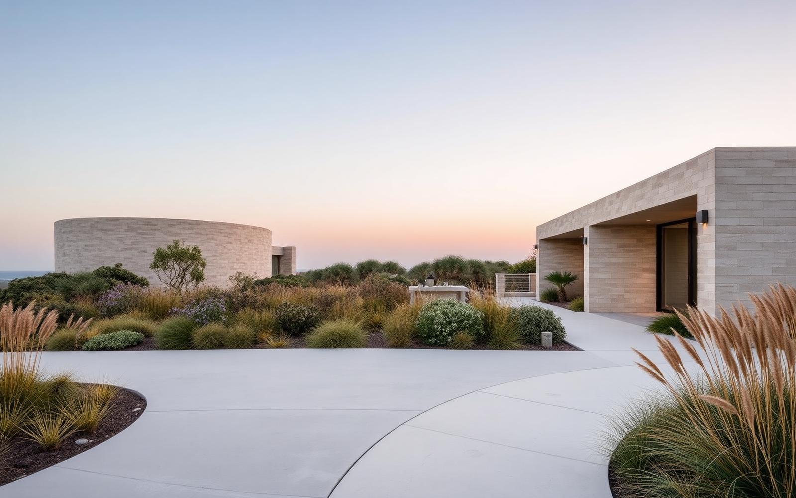 Cottesloe residence landscape with limestone walls and coastal planting at dusk
