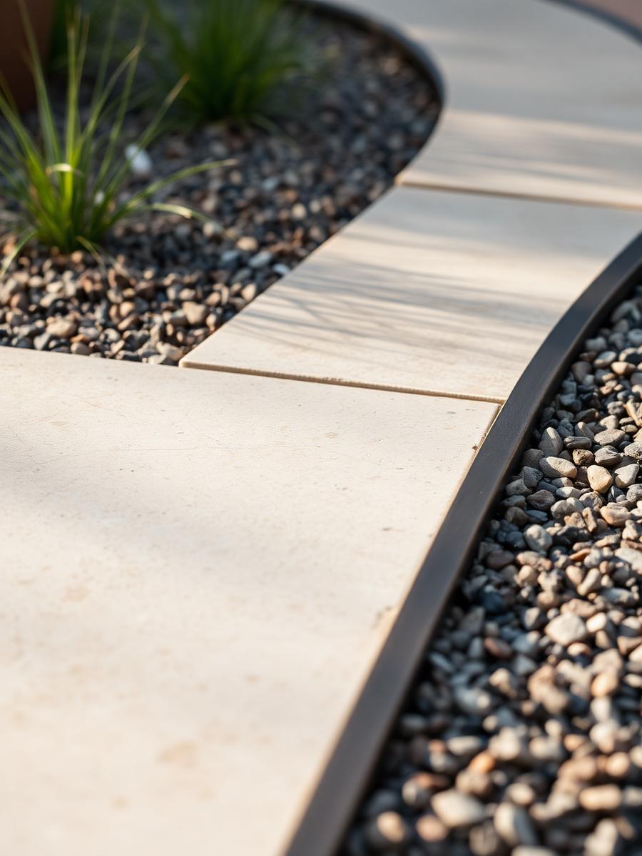 Close-up of travertine paving meeting crushed granite gravel with a steel garden edge