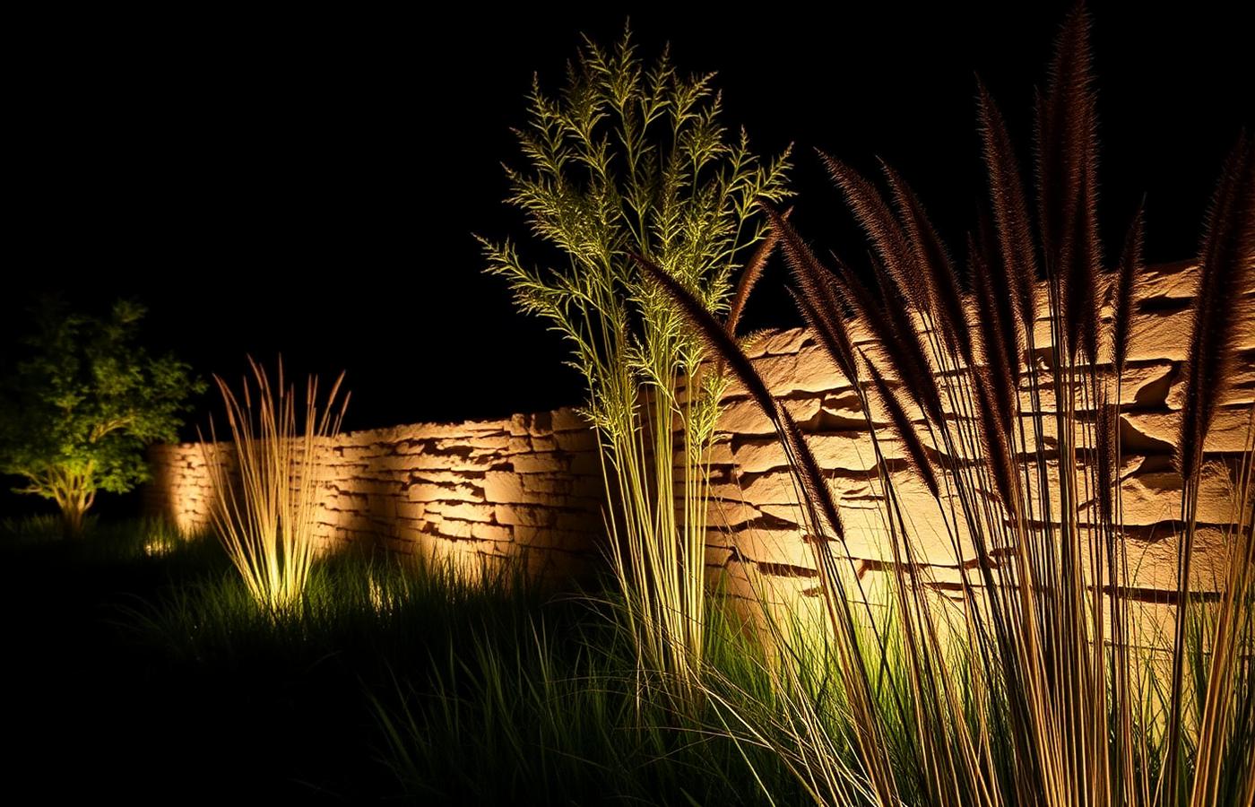Warm landscape lighting washing a limestone wall and native grasses at night