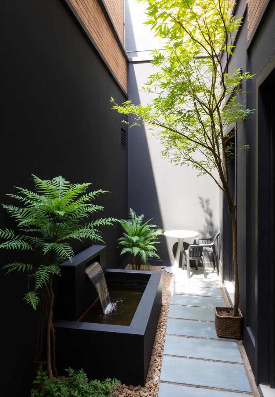 Narrow Subiaco courtyard garden with water feature, ferns and bluestone paving