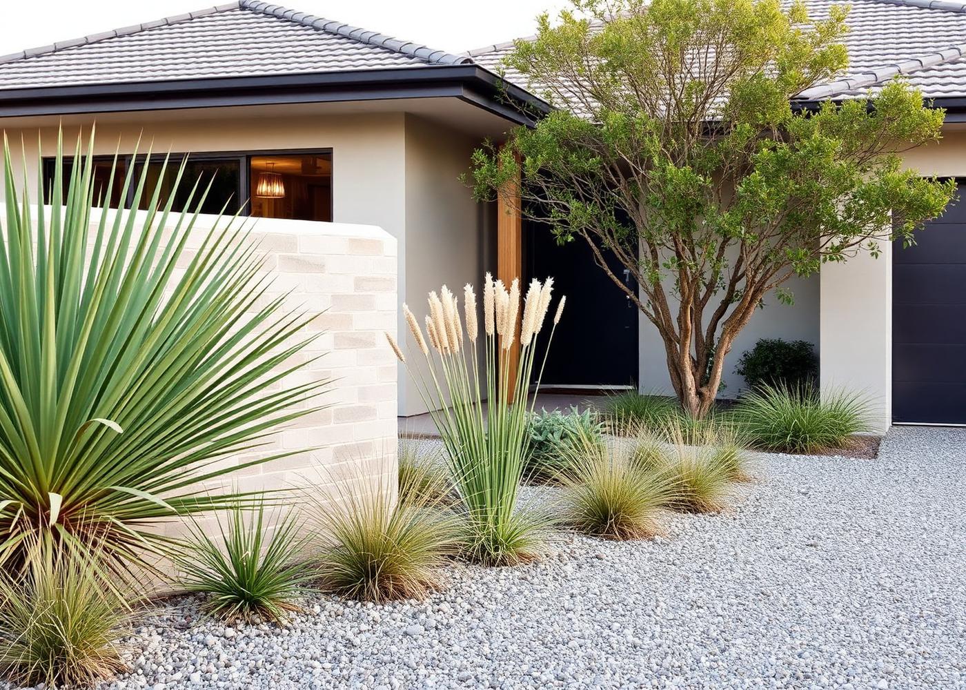 Nedlands front garden after landscaping with limestone wall, gravel and native planting