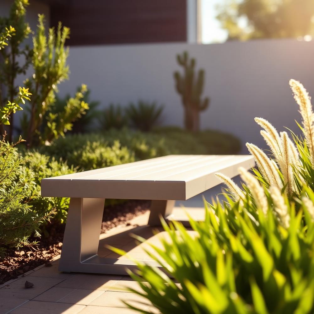 Modern garden bench beside maintained planting in sunlight