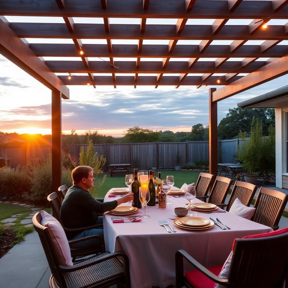 Outdoor dining table under a pergola at sunset