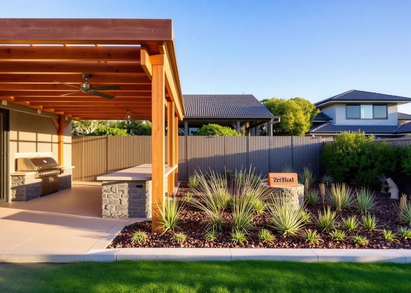 Scarborough backyard after landscaping with timber pergola, outdoor kitchen and coastal planting