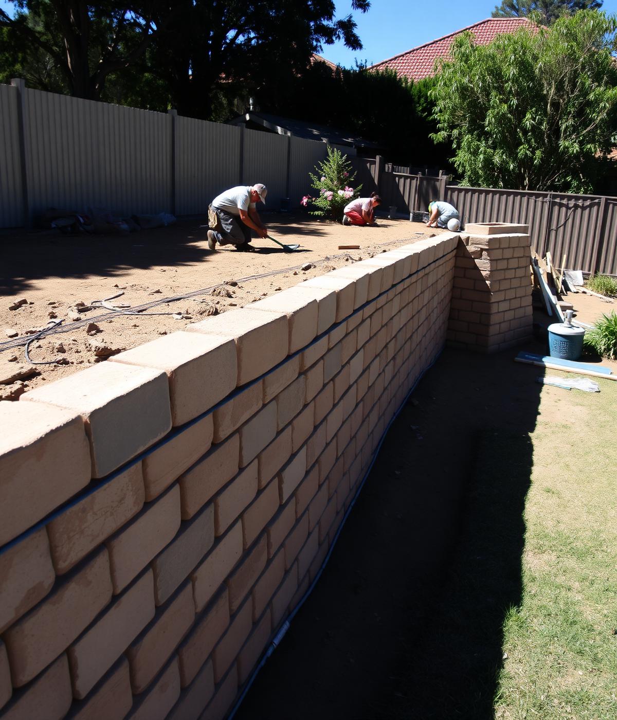 Landscapers building a limestone retaining wall in a Perth backyard