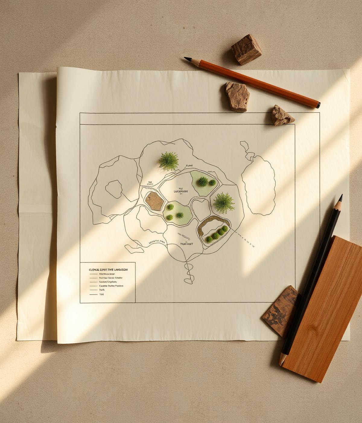 Landscape design concept plan with material samples on a desk