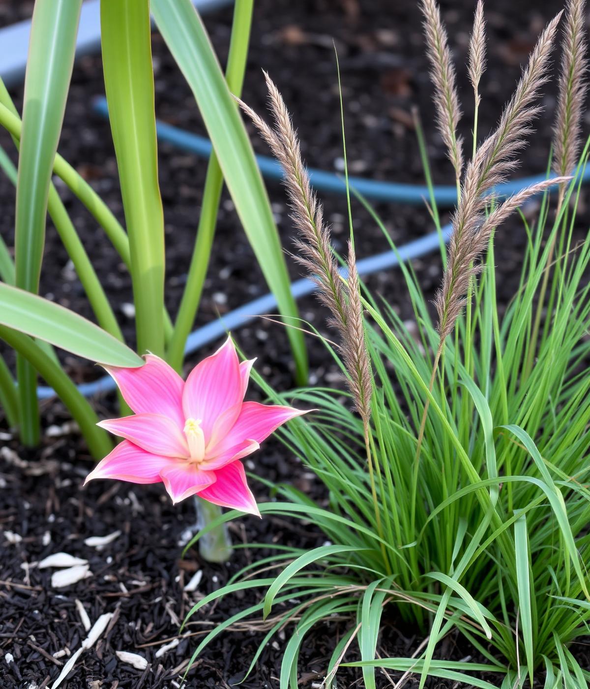Drought tolerant native planting bed with kangaroo paw and grasses