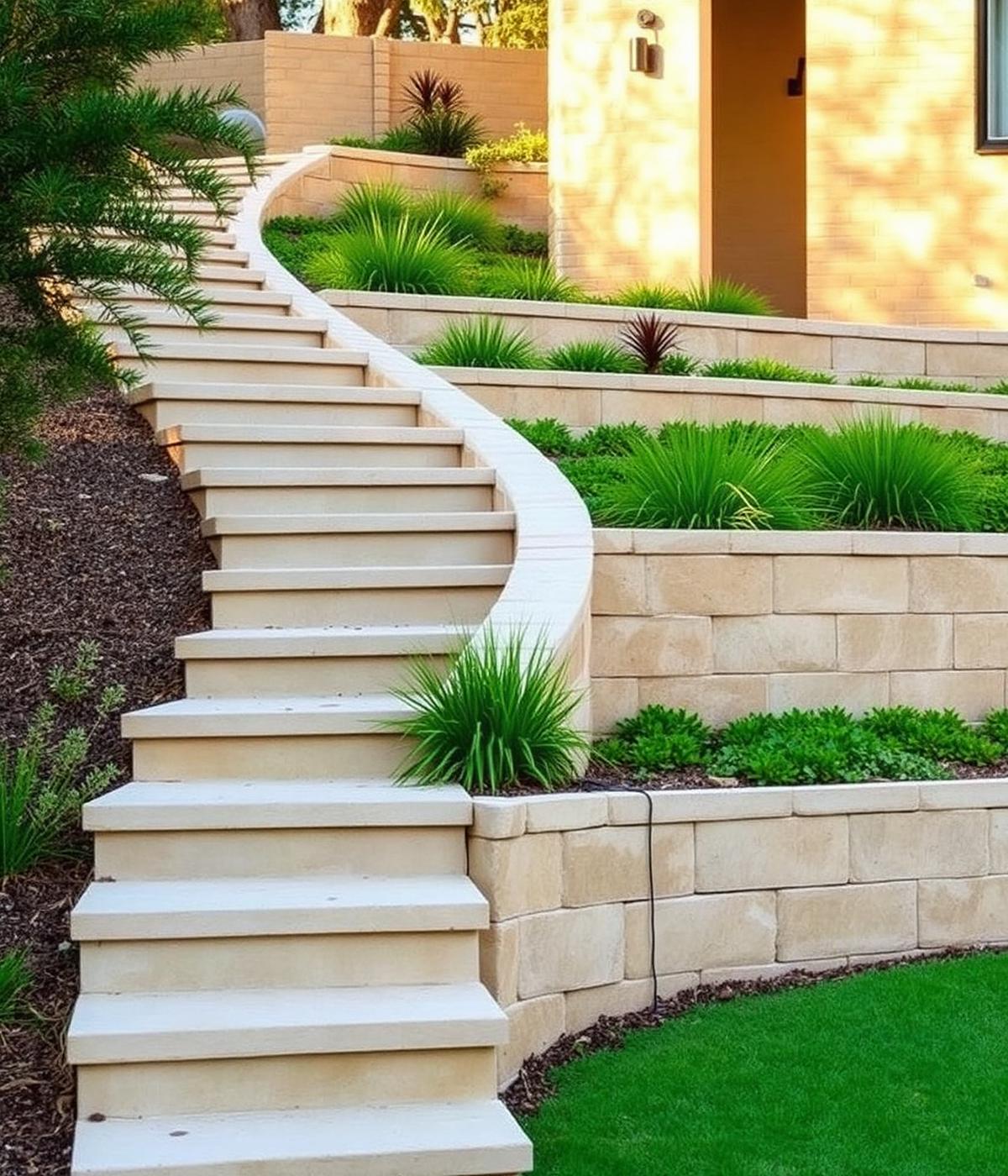 Terraced limestone retaining walls with steps and planting